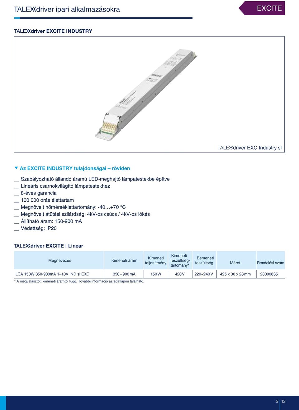 4kV-os csúcs / 4kV-os lökés Állítható áram: 150-900 ma Védettség: IP20 vdriver EXCITE Linear Megnevezés áram teljesítmény feszültségtartomány* Bemeneti feszültség Méret