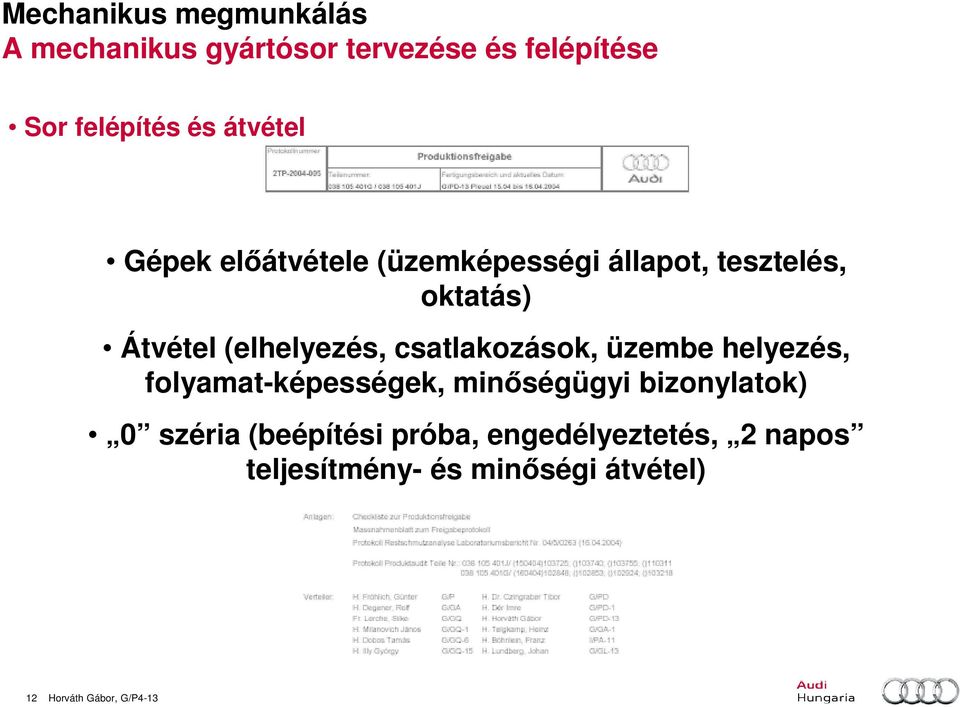 csatlakozások, üzembe helyezés, folyamat-képességek, minıségügyi bizonylatok) 0 széria