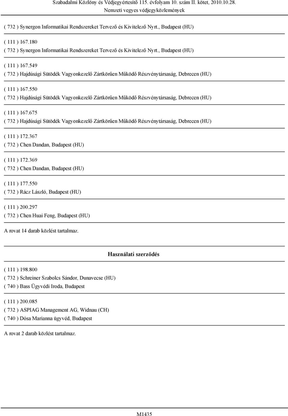 550 ( 732 ) Hajdúsági Sütödék Vagyonkezelő Zártkörűen Működő Részvénytársaság, Debrecen (HU) ( 111 ) 167.