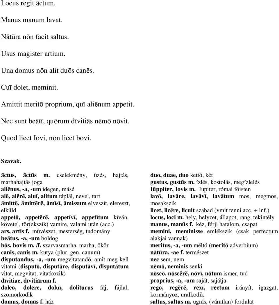 cselekmény, őzés, hajtás, marhahajtás joga aliēnus, -a, -um idegen, másé alō, alĕrĕ, aluī, alitum táplál, nevel, tart āmittō, āmittĕrĕ, āmīsī, āmissum elveszít, elereszt, elküld appetō, appetĕrĕ,