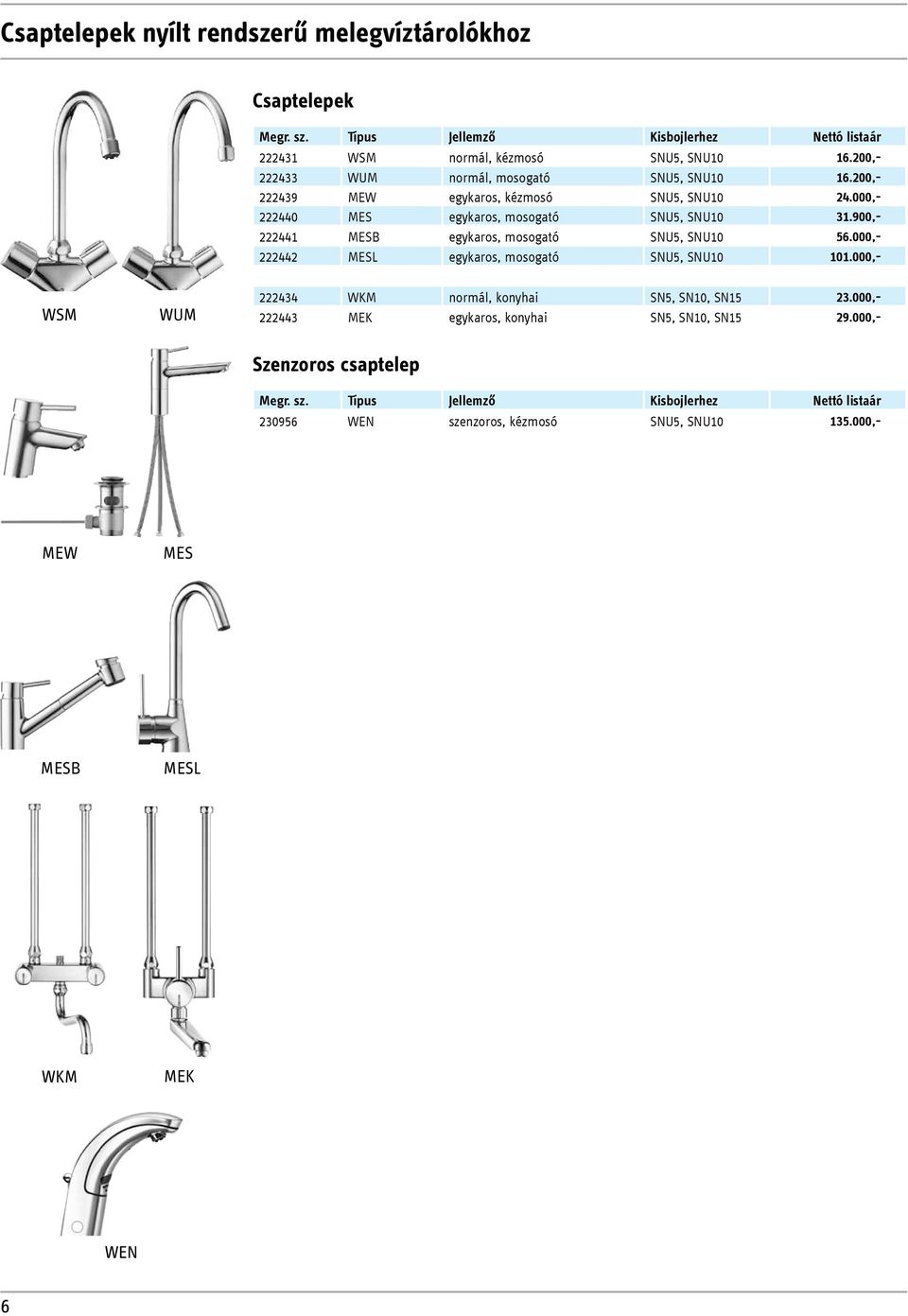 900,- 222441 MESB egykaros, mosogató SNU5, SNU10 56.000,- 222442 MESL egykaros, mosogató SNU5, SNU10 101.000,- WSM WUM 222434 WKM normál, konyhai SN5, SN10, SN15 23.