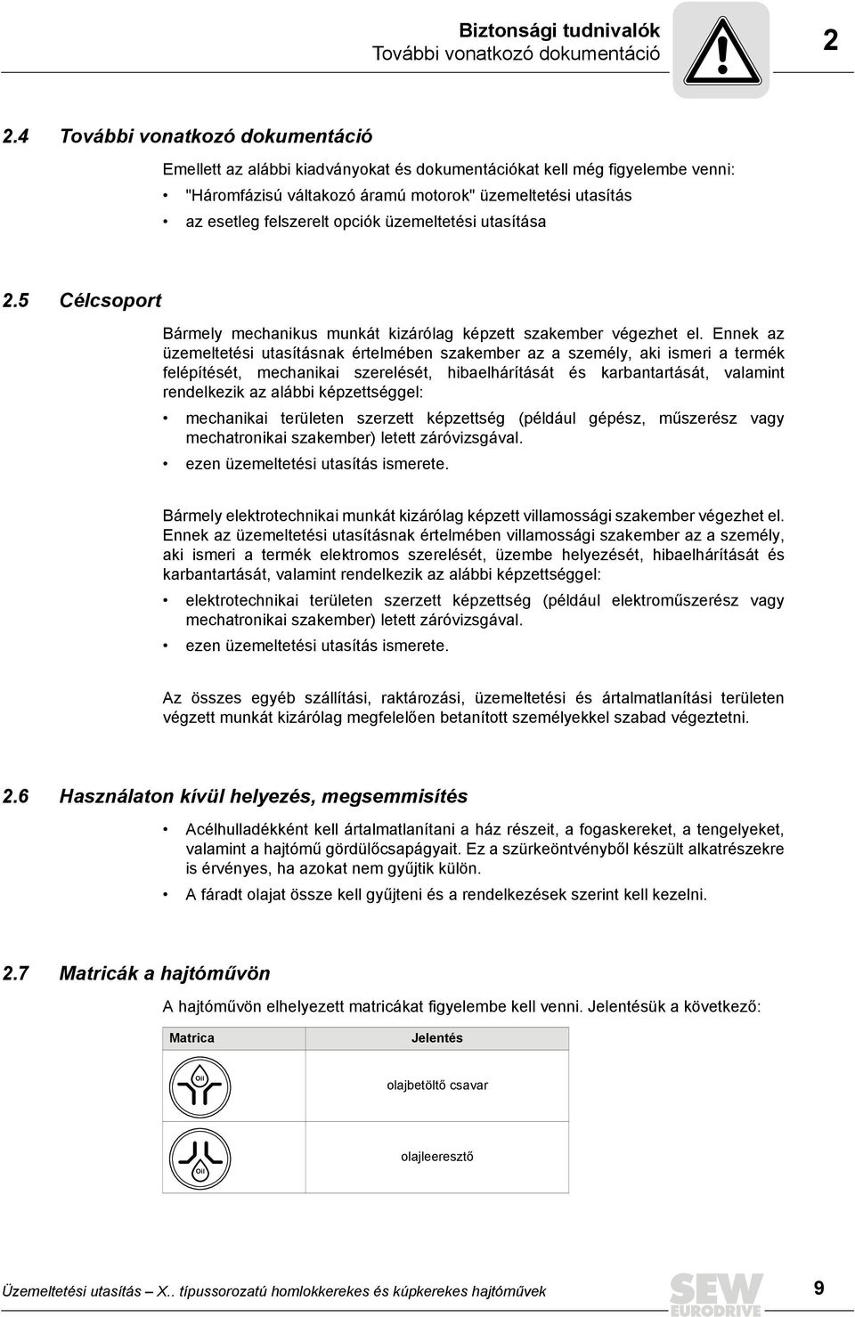 üzemeltetési utasítása 2.5 Célcsoport Bármely mechanikus munkát kizárólag képzett szakember végezhet el.