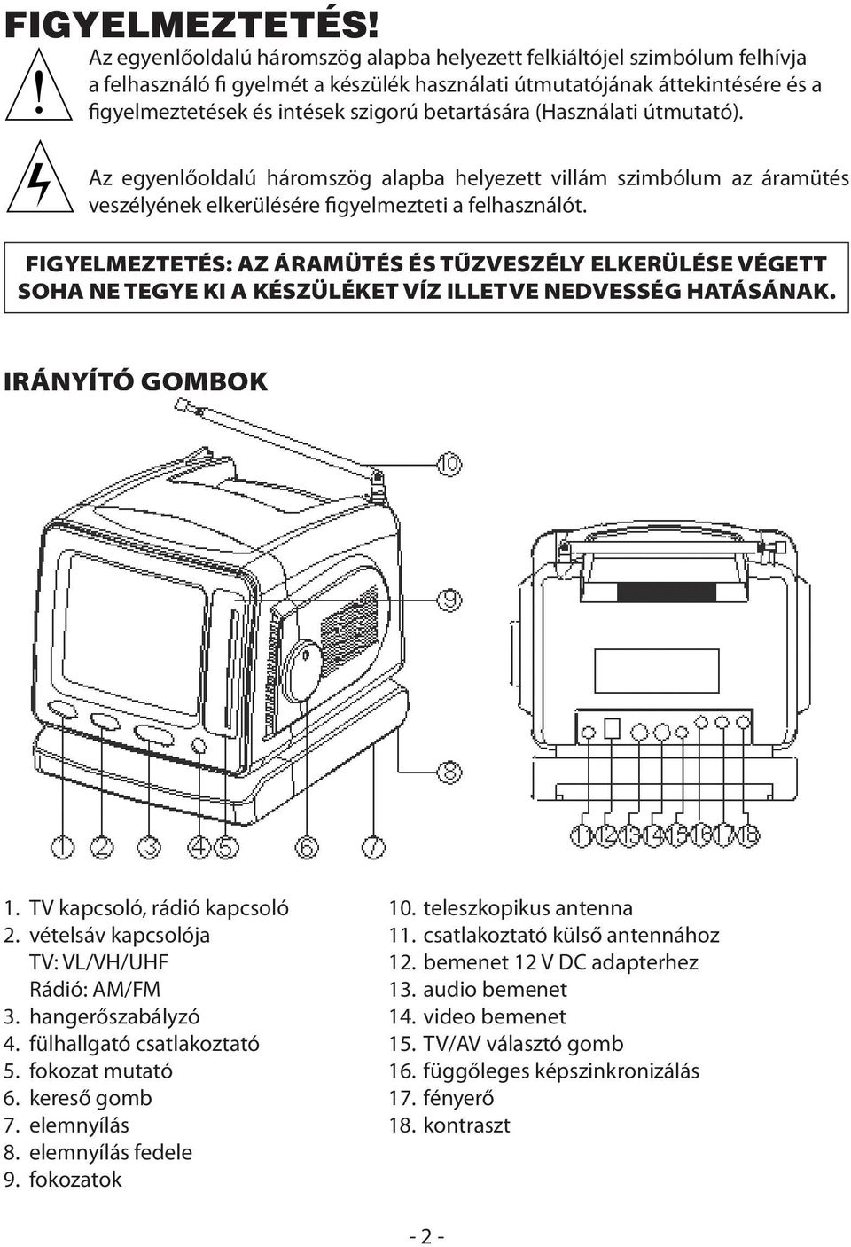 betartására (Használati útmutató). Az egyenlőoldalú háromszög alapba helyezett villám szimbólum az áramütés veszélyének elkerülésére figyelmezteti a felhasználót.