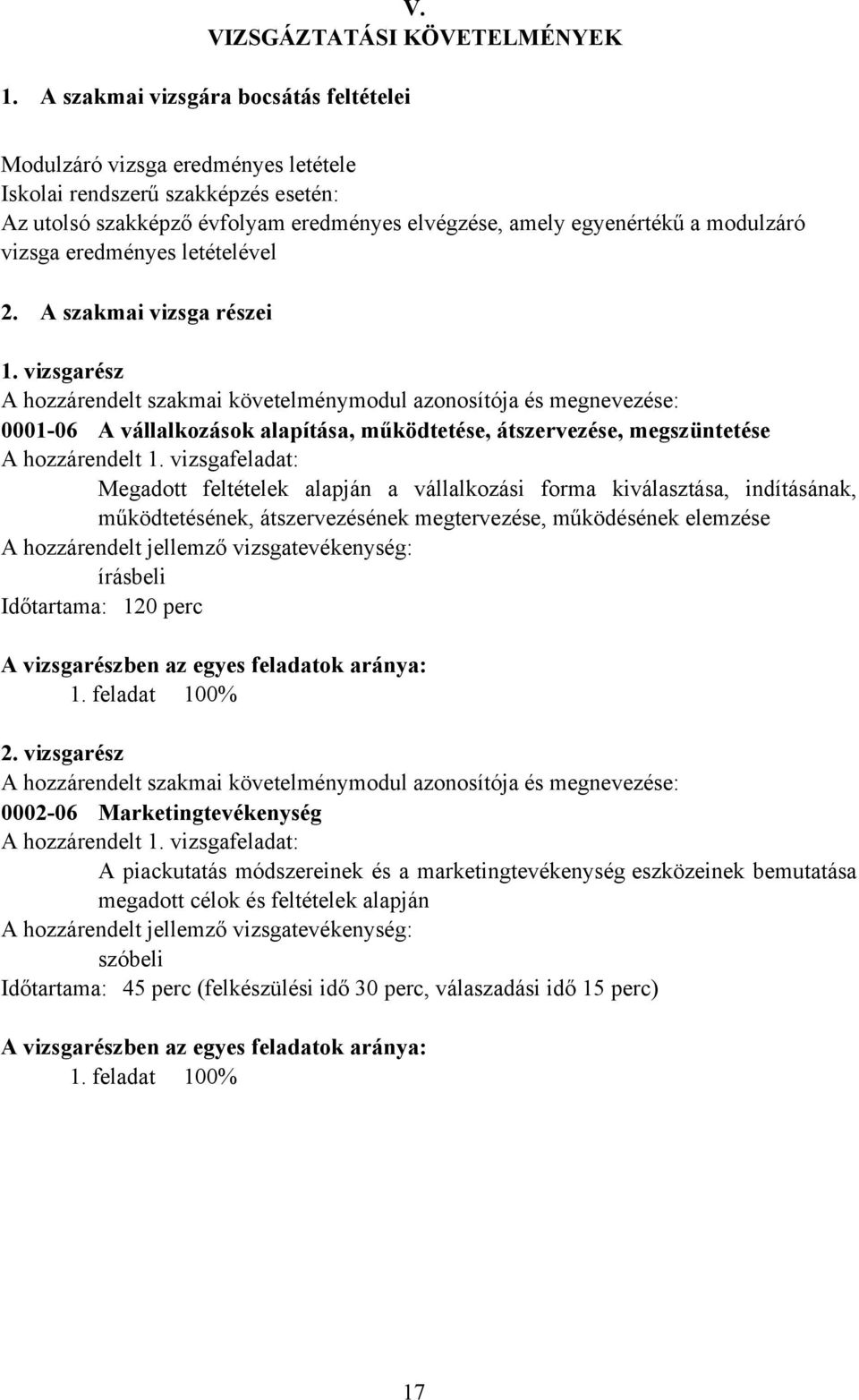 vizsga eredményes letételével 2. A szakmai vizsga részei 1.