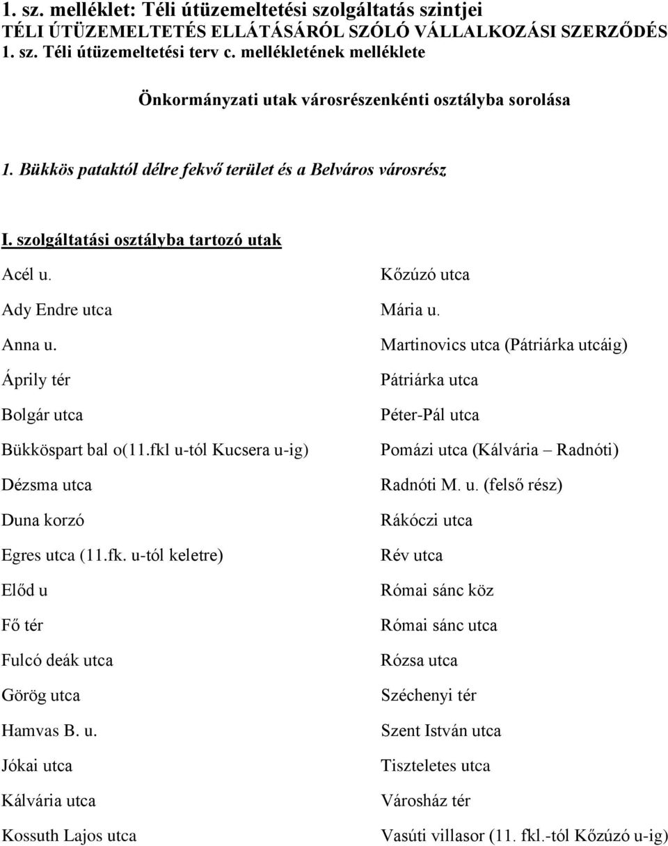 Áprily tér Bolgár utca Bükköspart bal o(11.fkl u-tól Kucsera u-ig) Dézsma utca Duna korzó Egres utca (11.fk. u-tól keletre) Előd u Fő tér Fulcó deák utca Görög utca Hamvas B. u. Jókai utca Kálvária utca Kossuth Lajos utca Kőzúzó utca Mária u.