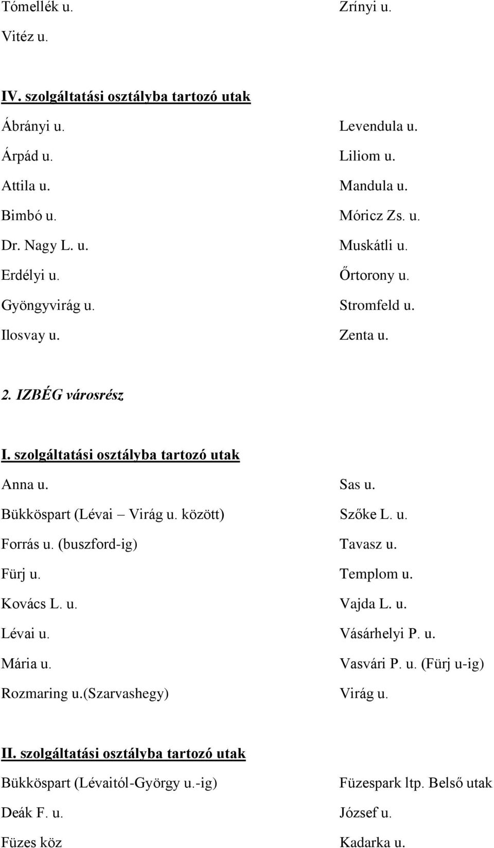 Bükköspart (Lévai Virág u. között) Forrás u. (buszford-ig) Fürj u. Kovács L. u. Lévai u. Mária u. Rozmaring u.(szarvashegy) Sas u. Szőke L. u. Tavasz u.