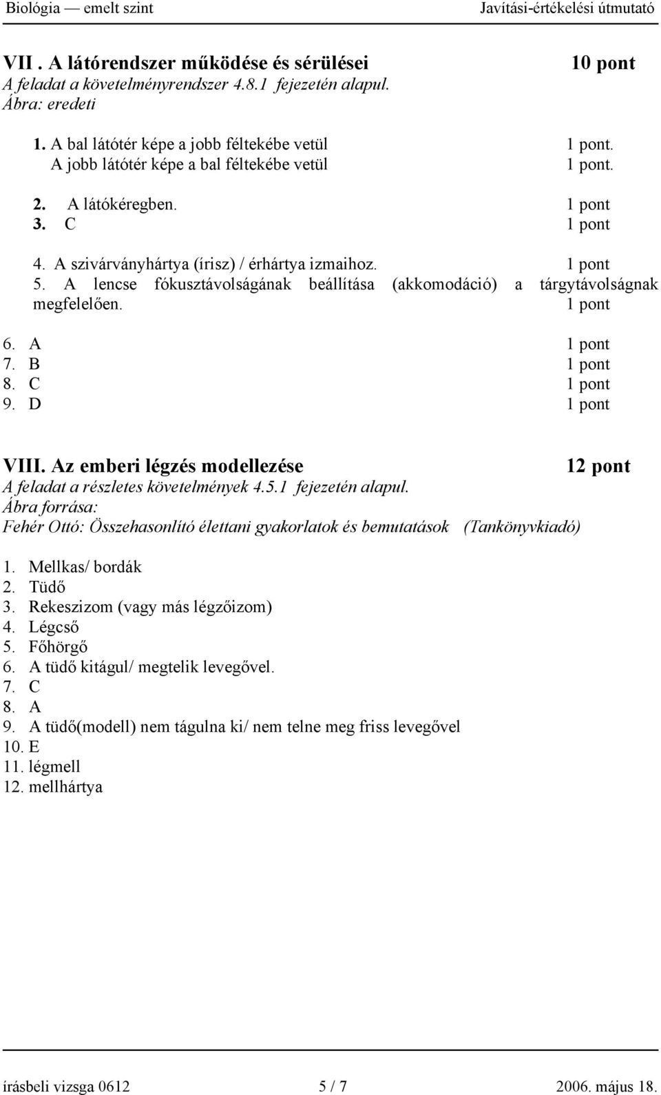 A lencse fókusztávolságának beállítása (akkomodáció) a tárgytávolságnak megfelelően. 6. A 7. B 8. C 9. D VIII. Az emberi légzés modellezése 12 pont A feladat a részletes követelmények 4.5.