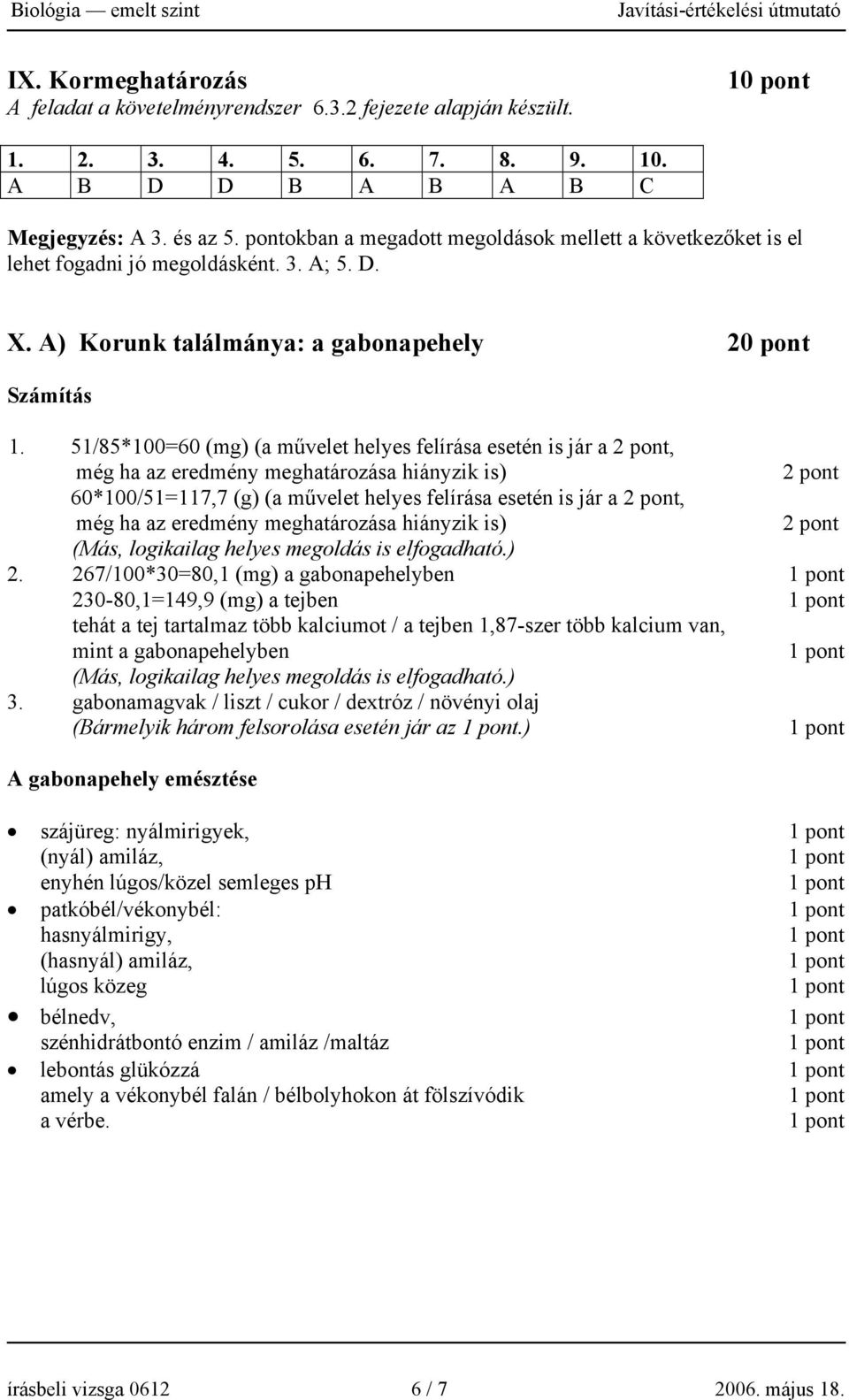 51/85*100=60 (mg) (a művelet helyes felírása esetén is jár a 2 pont, még ha az eredmény meghatározása hiányzik is) 2 pont 60*100/51=117,7 (g) (a művelet helyes felírása esetén is jár a 2 pont, még ha