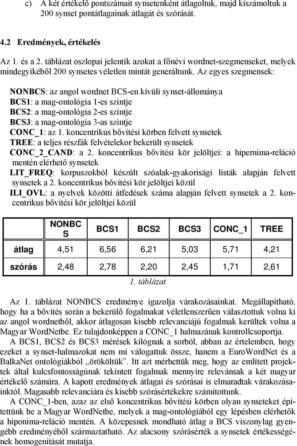 Az egyes szegmensek: NONBCS: az angol wordnet BCS-en kívüli synset-állománya BCS1: a mag-ontológia 1-es szintje BCS2: a mag-ontológia 2-es szintje BCS3: a mag-ontológia 3-as szintje CONC_1: az 1.