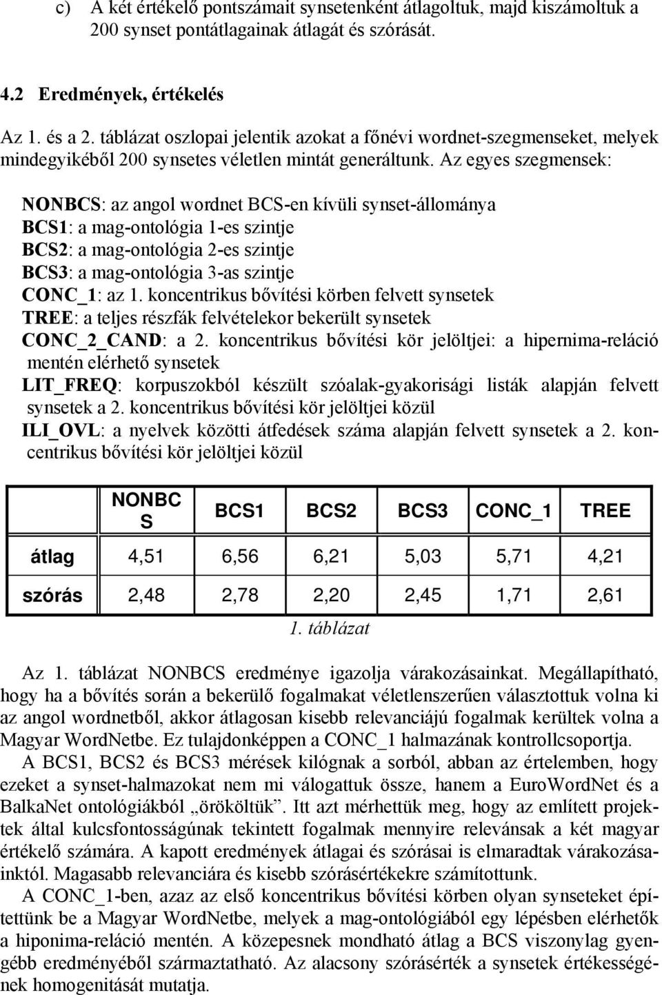 Az egyes szegmensek: NONBCS: az angol wordnet BCS-en kívüli synset-állománya BCS1: a mag-ontológia 1-es szintje BCS2: a mag-ontológia 2-es szintje BCS3: a mag-ontológia 3-as szintje CONC_1: az 1.