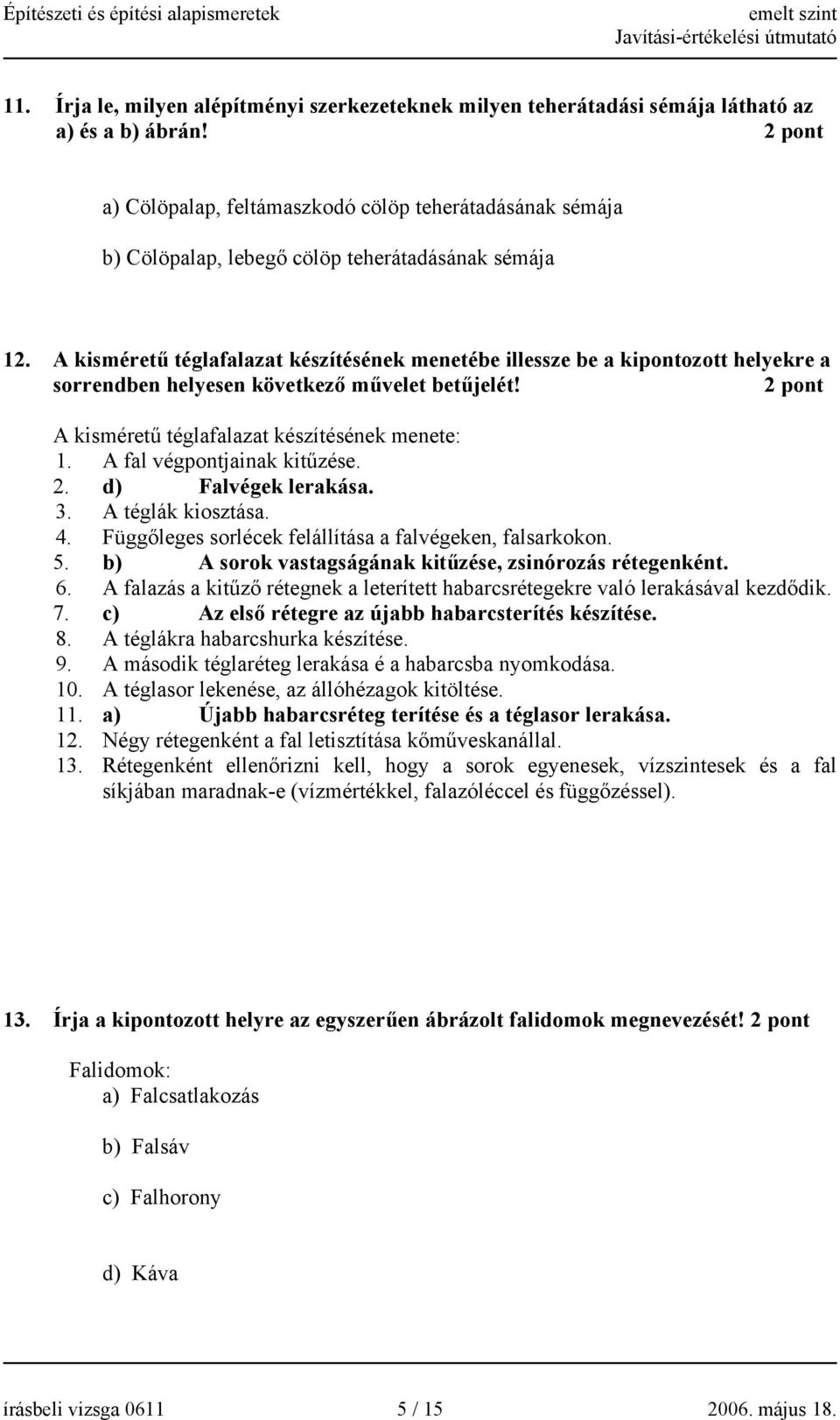 A kisméretű téglafalazat készítésének menetébe illessze be a kipontozott helyekre a sorrendben helyesen következő művelet betűjelét! A kisméretű téglafalazat készítésének menete: 1.