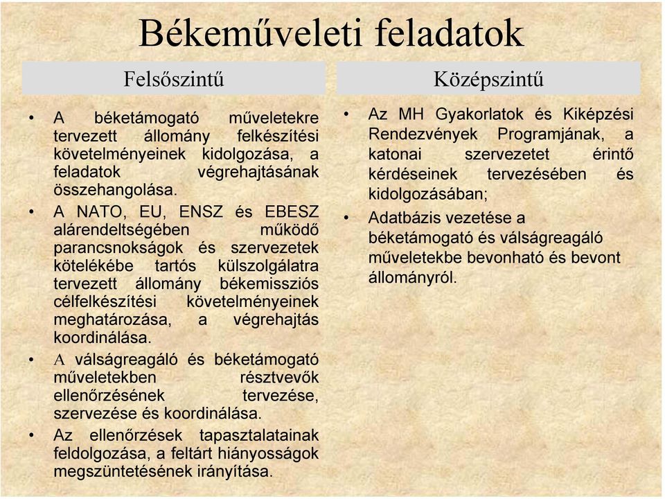 végrehajtás koordinálása. A válságreagáló és béketámogató műveletekben résztvevők ellenőrzésének tervezése, szervezése és koordinálása.