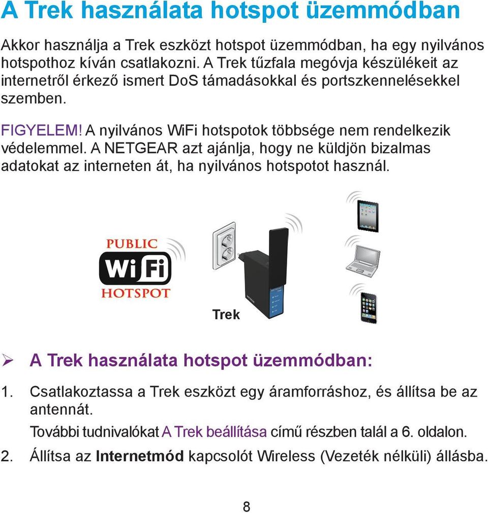 A nyilvános WiFi hotspotok többsége nem rendelkezik védelemmel. A NETGEAR azt ajánlja, hogy ne küldjön bizalmas adatokat az interneten át, ha nyilvános hotspotot használ.