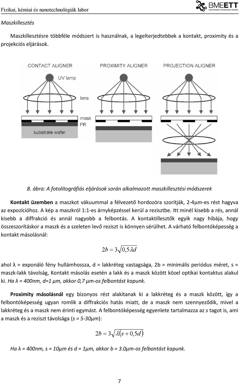 A kép a maszkról 1:1-es árnyképzéssel kerül a rezisztbe. Itt minél kisebb a rés, annál kisebb a diffrakció és annál nagyobb a felbontás.