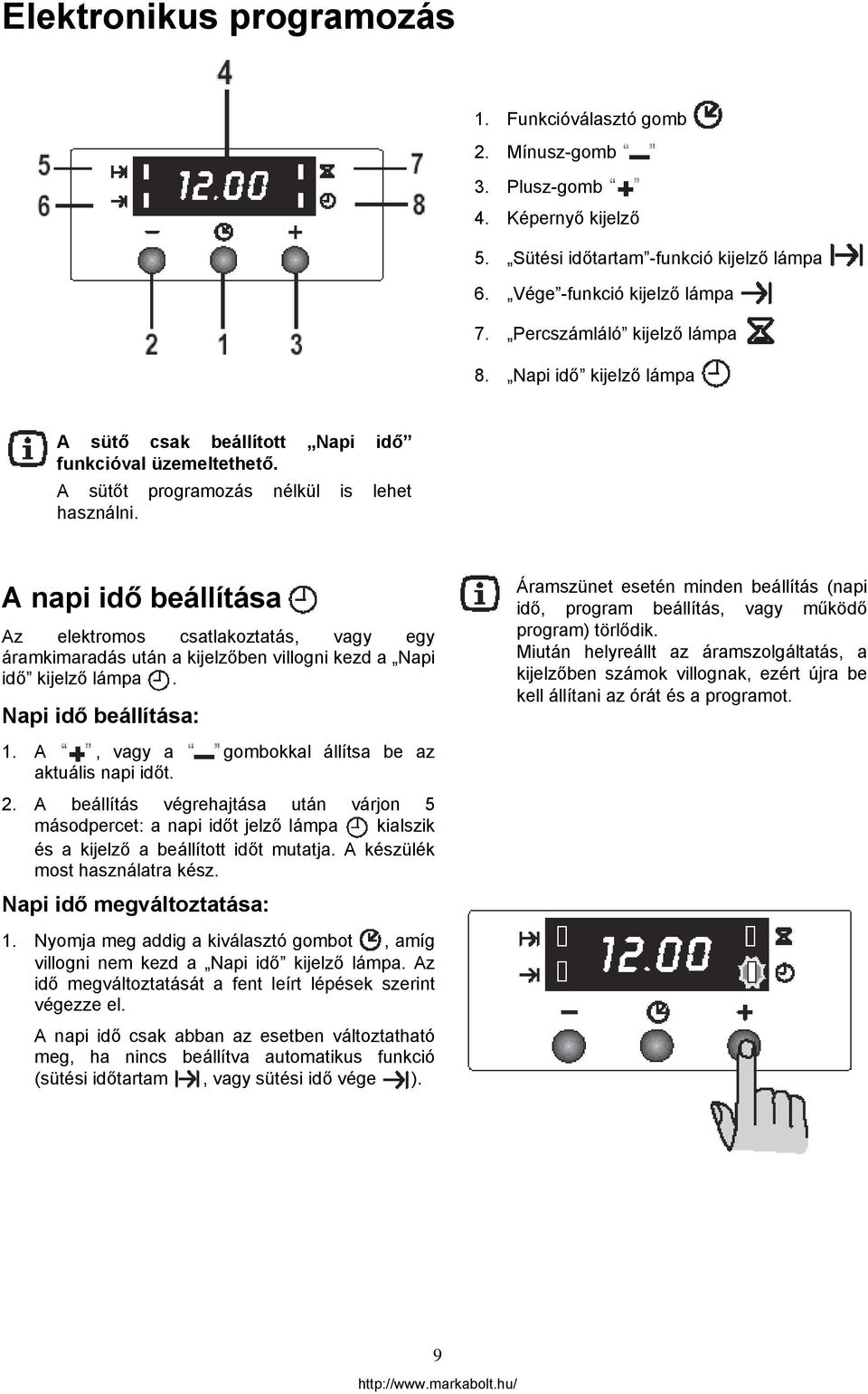 A napi idő beállítása Az elektromos csatlakoztatás, vagy egy áramkimaradás után a kijelzőben villogni kezd a Napi idő kijelző lámpa. Napi idő beállítása: 1.
