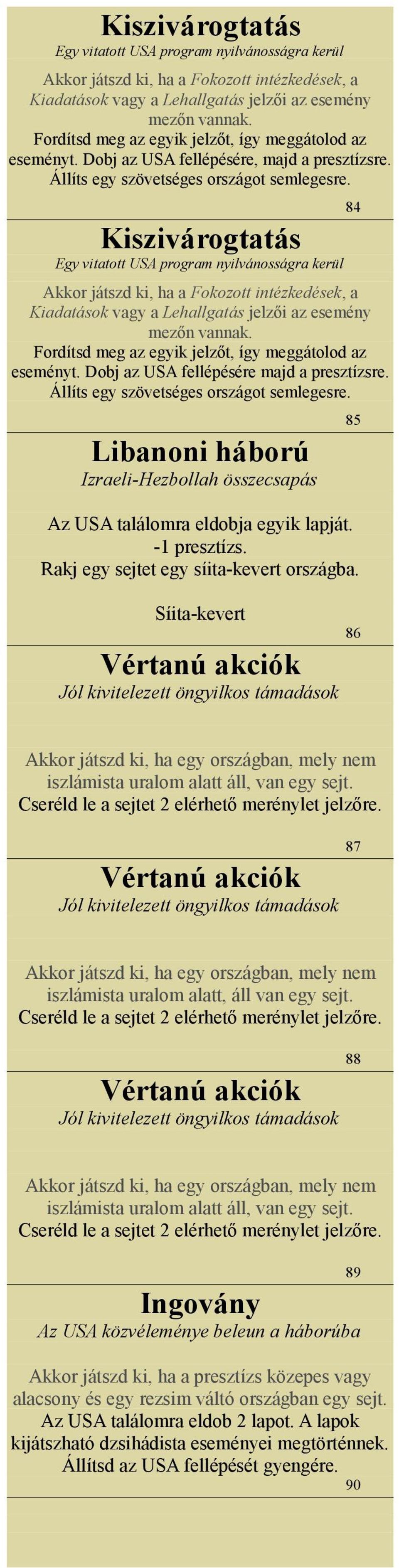 84  Fordítsd meg az egyik jelzőt, így meggátolod az eseményt. Dobj az USA fellépésére majd a presztízsre. Állíts egy szövetséges országot semlegesre.