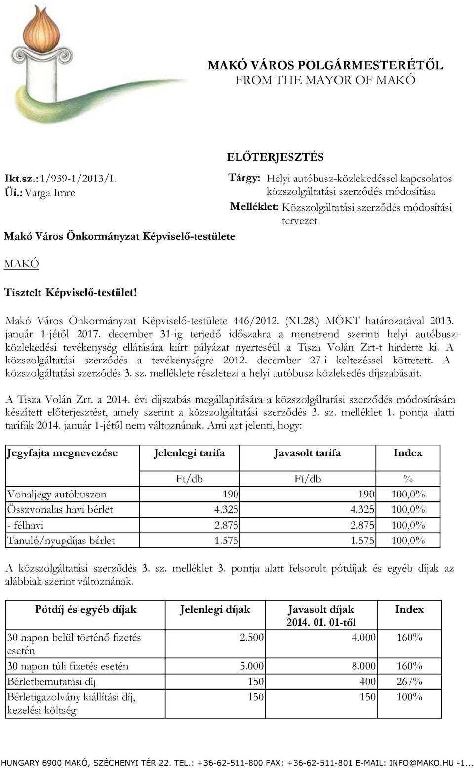 módosítási tervezet Tisztelt Képviselő-testület! Makó Város Önkormányzat Képviselő-testülete 446/2012. (XI.28.) MÖKT határozatával 2013. január 1-jétől 2017.