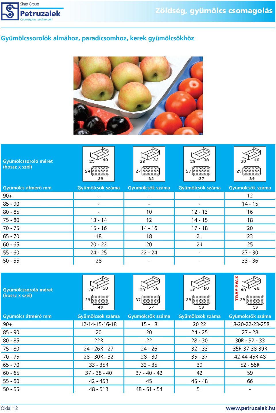 (hossz x szél) Gyümölcs átmérő mm Gyümölcsök száma Gyümölcsök száma Gyümölcsök száma Gyümölcsök száma 90+ 12-14-15-16-18 15-18 20 22 18-20-22-23-25R 85-90 20 20 24-25 27-28 80-85 22R 22 28-30 30R -