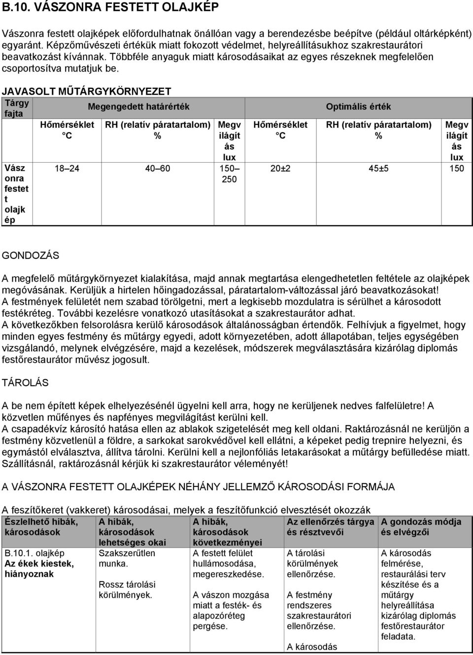 JAVASOLT MŰTÁRGYKÖRNYEZET Tárgy Megengedett határérték fajta Vász onra festet t olajk ép Hőmérséklet C RH (relatív páratartalom) % Megv ilágít ás lux 18 24 40 60 150 250 Hőmérséklet C Optimális érték