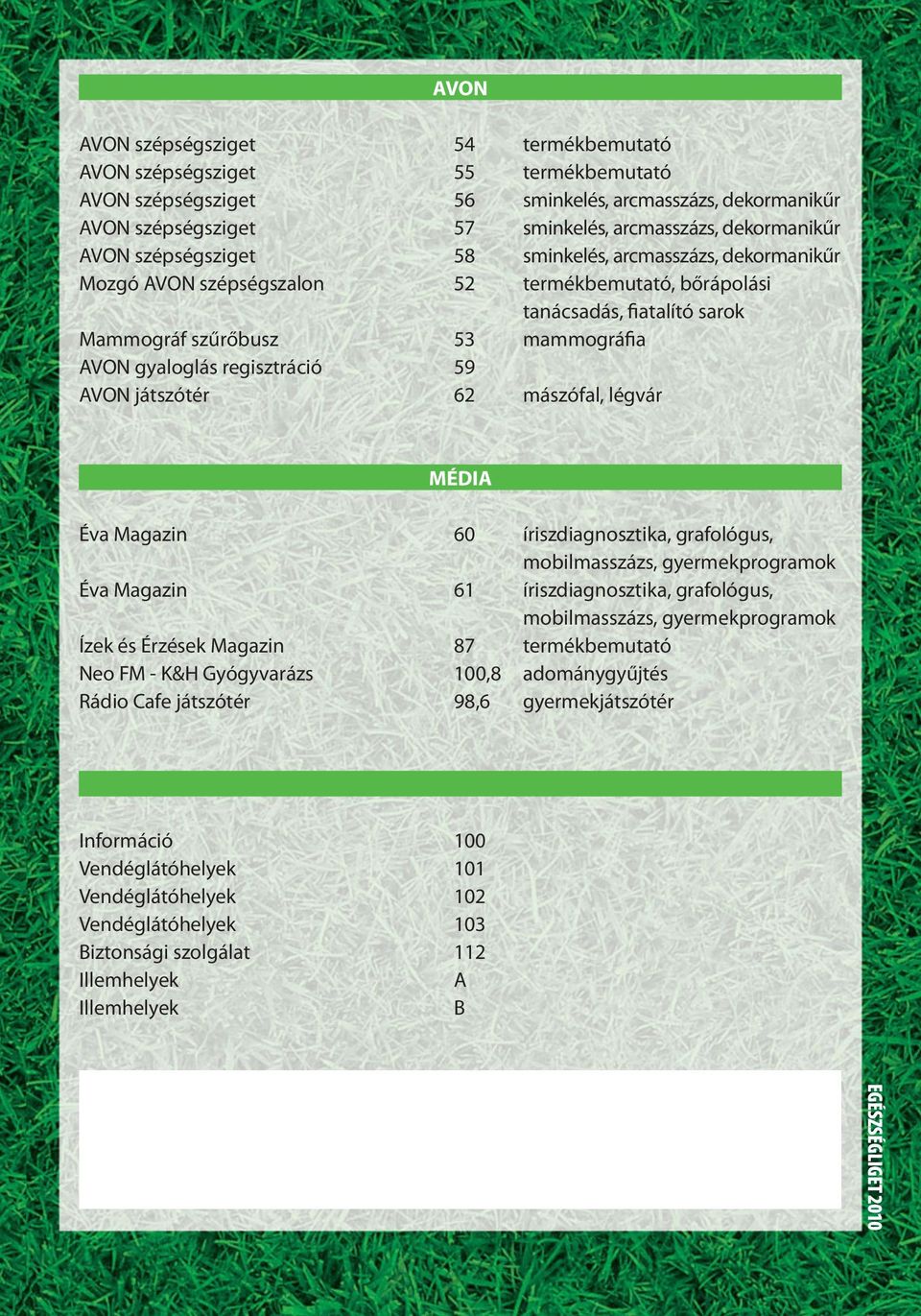 regisztráció 59 AVON játszótér 62 mászófal, légvár MÉDIA Éva Magazin 60 íriszdiagnosztika, grafológus, mobilmasszázs, gyermekprogramok Éva Magazin 61 íriszdiagnosztika, grafológus, mobilmasszázs,