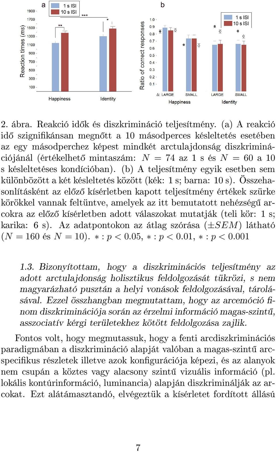 késleltetéses kondícióban). (b) A teljesítmény egyik esetben sem különbözött a két késleltetés között (kék: 1 s; barna: 10 s).