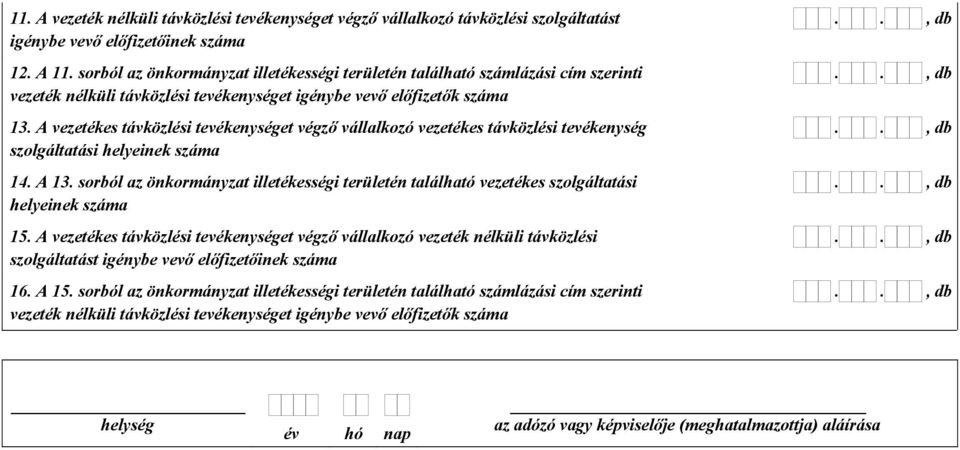 A vezetékes távközlési tevékenységet végző vállalkozó vezetékes távközlési tevékenység szolgáltatási helyeinek száma 14. A 13.