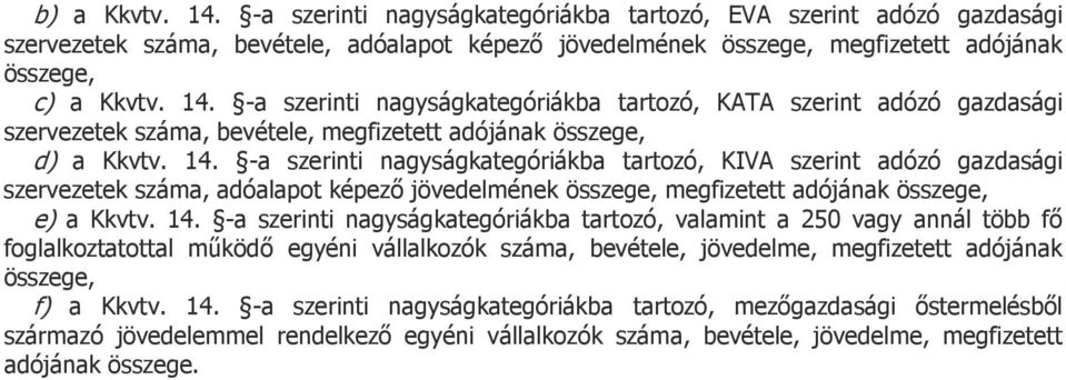 -a szerinti nagyságkategóriákba tartozó, valamint a 250 vagy annál több fő foglalkoztatottal működő egyéni vállalkozók száma, bevétele, jövedelme, megfizetett adójának összege, f) a Kkvtv. 14.