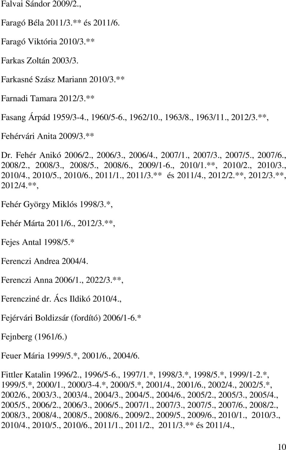 , 2010/1.**, 2010/2., 2010/3., 2010/4., 2010/5., 2010/6., 2011/1., 2011/3.** és 2011/4., 2012/2.**, 2012/3.**, 2012/4.**, Fehér György Miklós 1998/3.*, Fehér Márta 2011/6., 2012/3.**, Fejes Antal 1998/5.