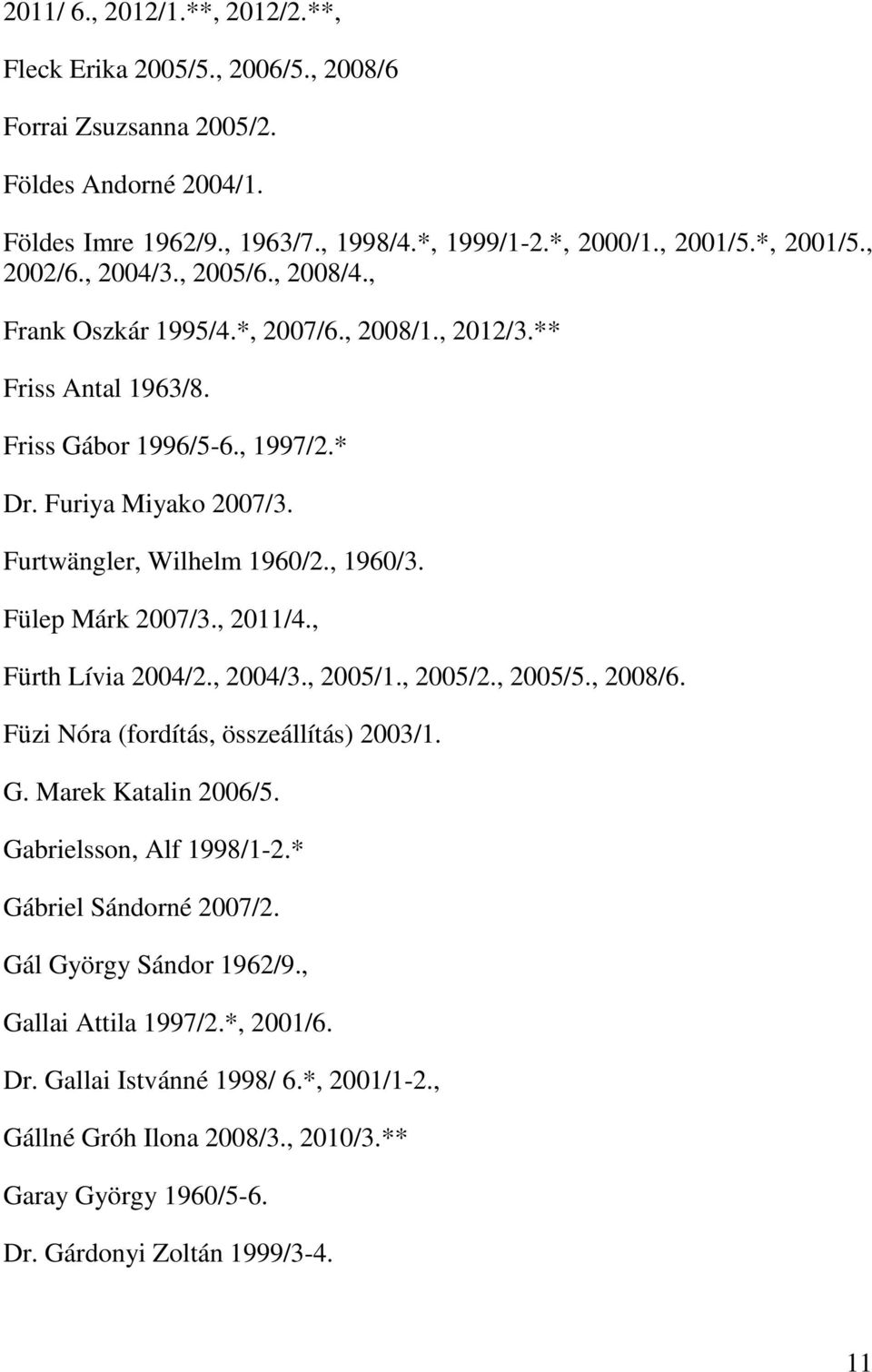 , 1960/3. Fülep Márk 2007/3., 2011/4., Fürth Lívia 2004/2., 2004/3., 2005/1., 2005/2., 2005/5., 2008/6. Füzi Nóra (fordítás, összeállítás) 2003/1. G. Marek Katalin 2006/5. Gabrielsson, Alf 1998/1-2.