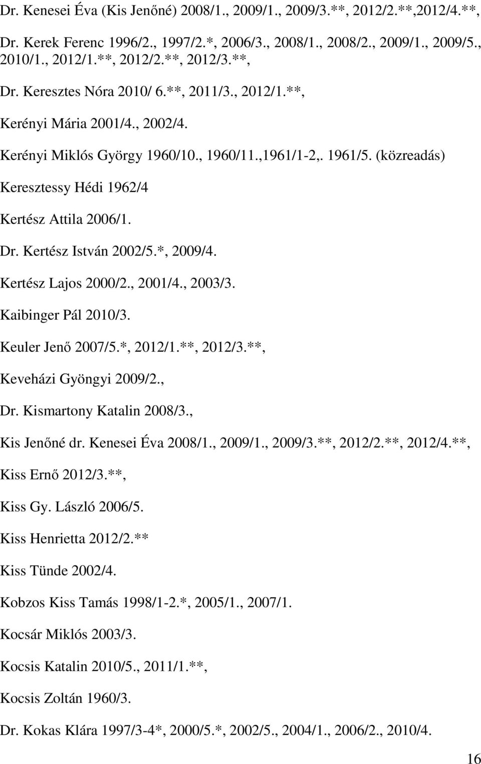 (közreadás) Keresztessy Hédi 1962/4 Kertész Attila 2006/1. Dr. Kertész István 2002/5.*, 2009/4. Kertész Lajos 2000/2., 2001/4., 2003/3. Kaibinger Pál 2010/3. Keuler Jenő 2007/5.*, 2012/1.**, 2012/3.