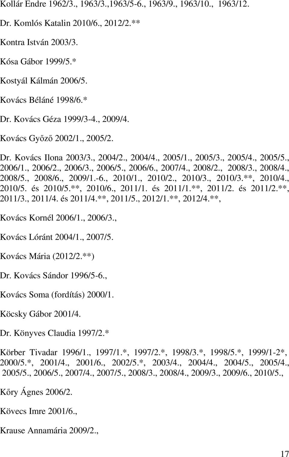 , 2008/2., 2008/3., 2008/4., 2008/5., 2008/6., 2009/1.-6., 2010/1., 2010/2., 2010/3., 2010/3.**, 2010/4., 2010/5. és 2010/5.**, 2010/6., 2011/1. és 2011/1.**, 2011/2. és 2011/2.**, 2011/3., 2011/4.