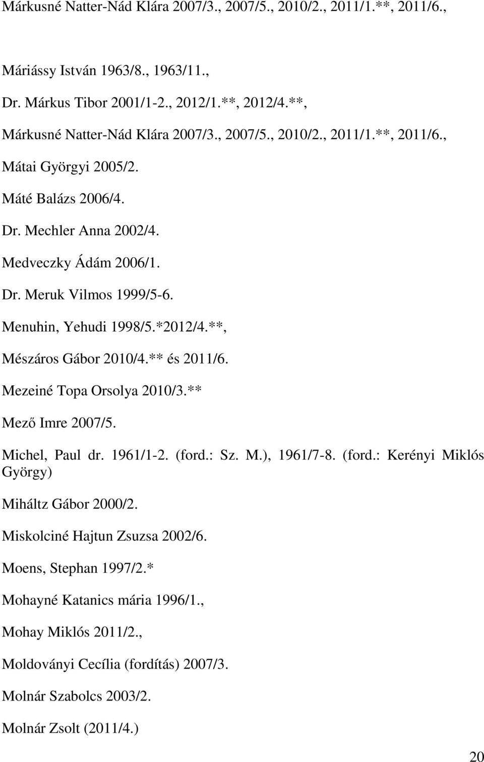 **, Mészáros Gábor 2010/4.** és 2011/6. Mezeiné Topa Orsolya 2010/3.** Mező Imre 2007/5. Michel, Paul dr. 1961/1-2. (ford.: Sz. M.), 1961/7-8. (ford.: Kerényi Miklós György) Miháltz Gábor 2000/2.