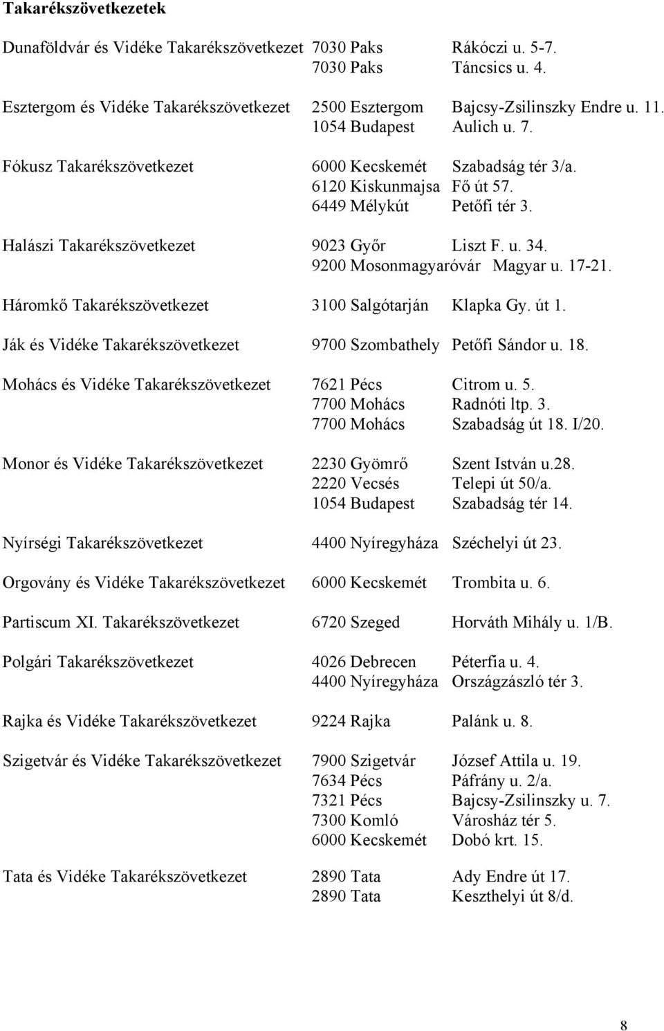 9200 Mosonmagyaróvár Magyar u. 17-21. Háromkő Takarékszövetkezet 3100 Salgótarján Klapka Gy. út 1. Ják és Vidéke Takarékszövetkezet 9700 Szombathely Petőfi Sándor u. 18.