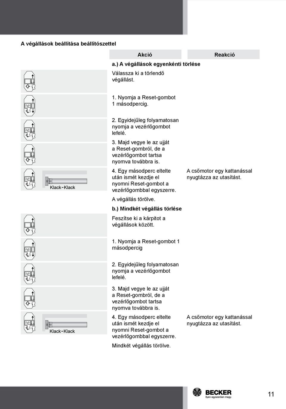 Egy másodperc eltelte után ismét kezdje el nyomni Reset-gombot a vezérlőgombbal egyszerre. A végállás törölve. b.) Mindkét végállás törlése Feszítse ki a kárpitot a végállások között.