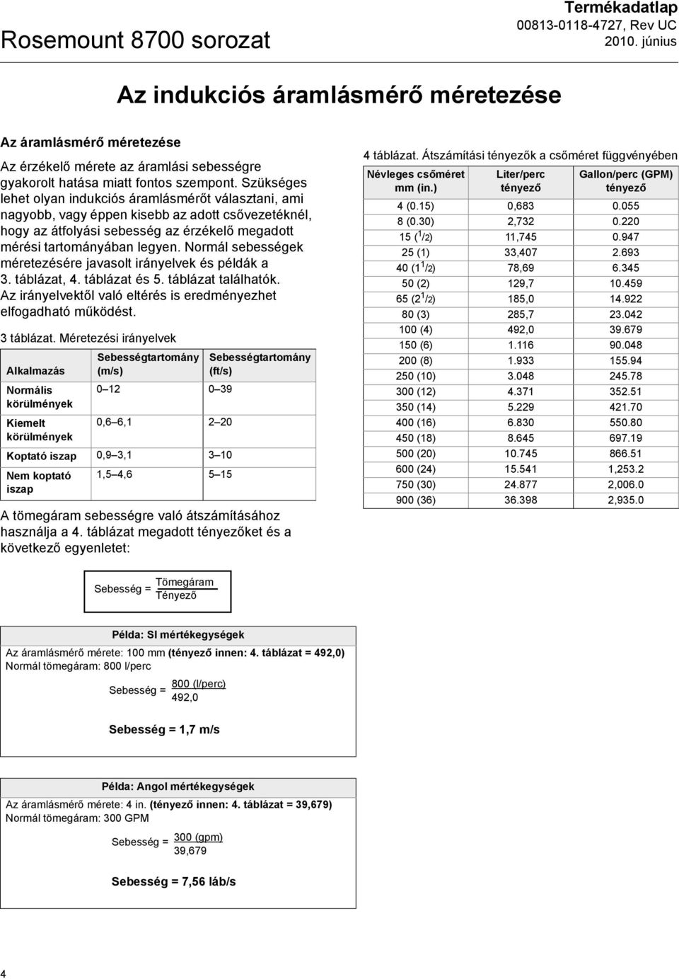 sebességek méretezésére javasolt irányelvek és példák a 3. táblázat, 4. táblázat és 5. táblázat találhatók. Az irányelvektől való eltérés is eredményezhet elfogadható működést. 3 táblázat.