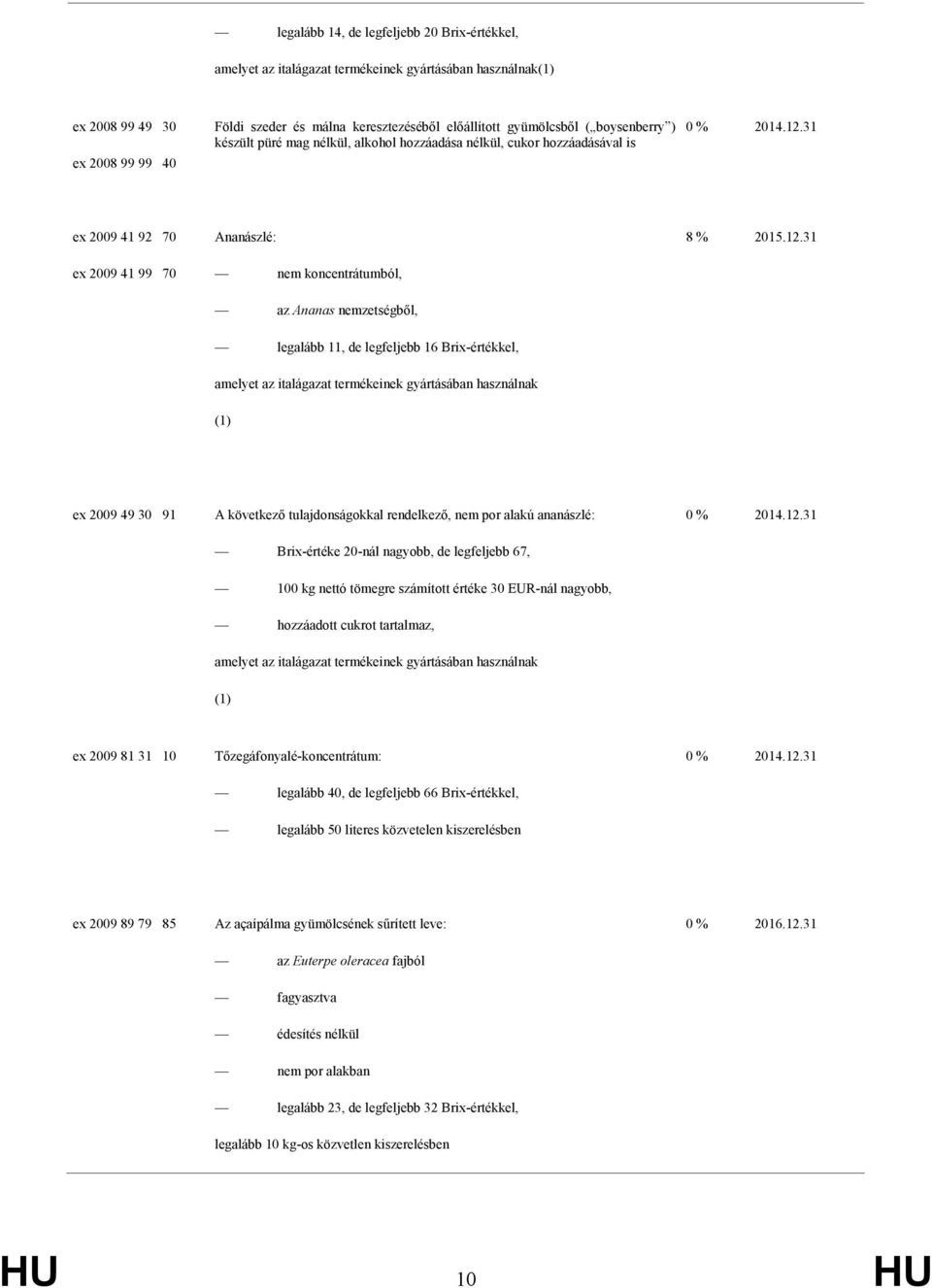 31 ex 2009 41 99 70 nem koncentrátumból, az Ananas nemzetségből, legalább 11, de legfeljebb 16 Brix-értékkel, amelyet az italágazat termékeinek gyártásában használnak (1) ex 2009 49 30 91 A következő