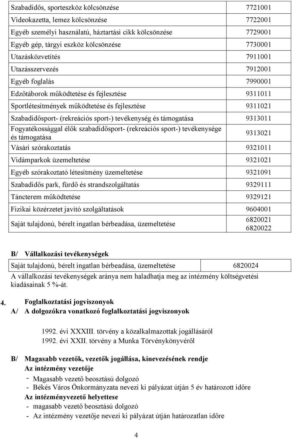 (rekreációs sport-) tevékenység és támogatása 9313011 Fogyatékossággal élők szabadidősport- (rekreációs sport-) tevékenysége és támogatása 9313021 Vásári szórakoztatás 9321011 Vidámparkok