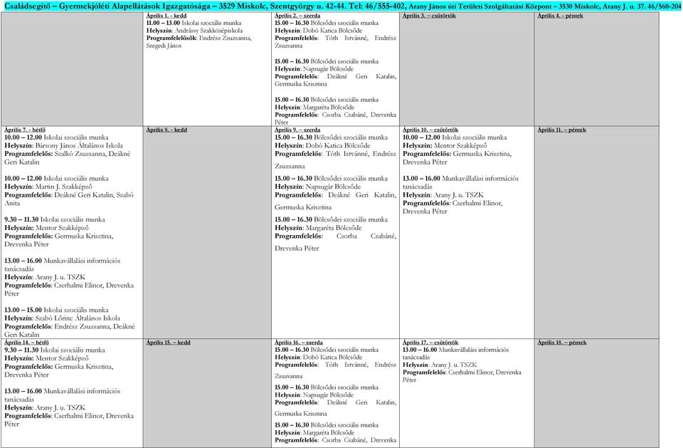 szerda Helyszín: Dobó Katica Bölcsőde Programfelelős: Tóth Istvánné, Endrész Zsuzsanna Helyszín: Napsugár Bölcsőde Programfelelős: Deákné Geri Katalin, Germuska Krisztina Április 3.
