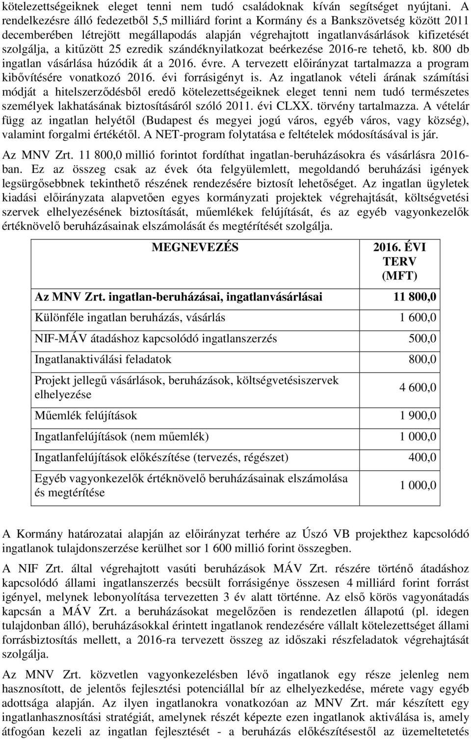 kitűzött 25 ezredik szándéknyilatkozat beérkezése 2016-re tehető, kb. 800 db ingatlan vásárlása húzódik át a 2016. évre. A tervezett előirányzat tartalmazza a program kibővítésére vonatkozó 2016.