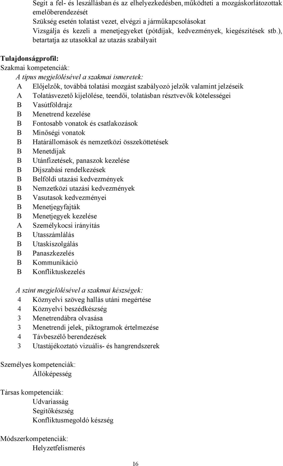 ), betartatja az utasokkal az utazás szabályait Tulajdonságprofil: Szakmai kompetenciák: A típus megjelölésével a szakmai ismeretek: A Előjelzők, továbbá tolatási mozgást szabályozó jelzők valamint