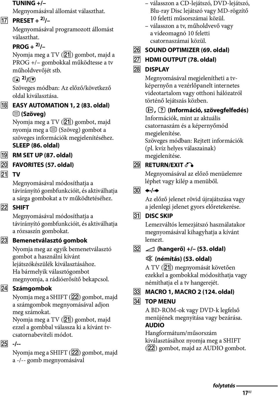 oldal) / (Szöveg) Nyomja meg a TV (wa) gombot, majd nyomja meg a / (Szöveg) gombot a szöveges információk megjelenítéséhez. SLEEP (86. oldal) S RM SET UP (87. oldal) T FAVORITES (57.