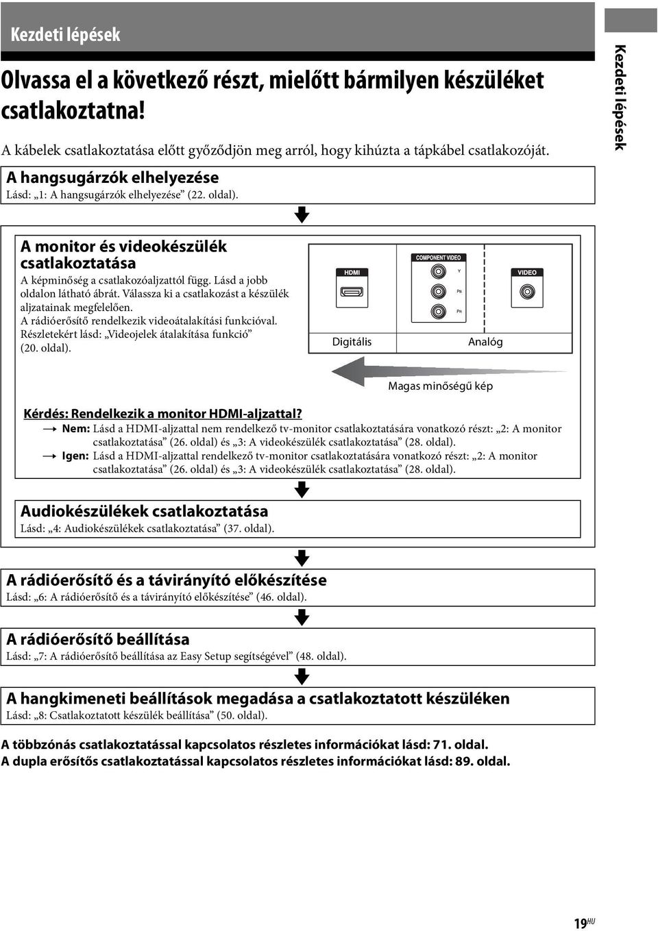Válassza ki a csatlakozást a készülék aljzatainak megfelelően. A rádióerősítő rendelkezik videoátalakítási funkcióval. Részletekért lásd: Videojelek átalakítása funkció (20. oldal).