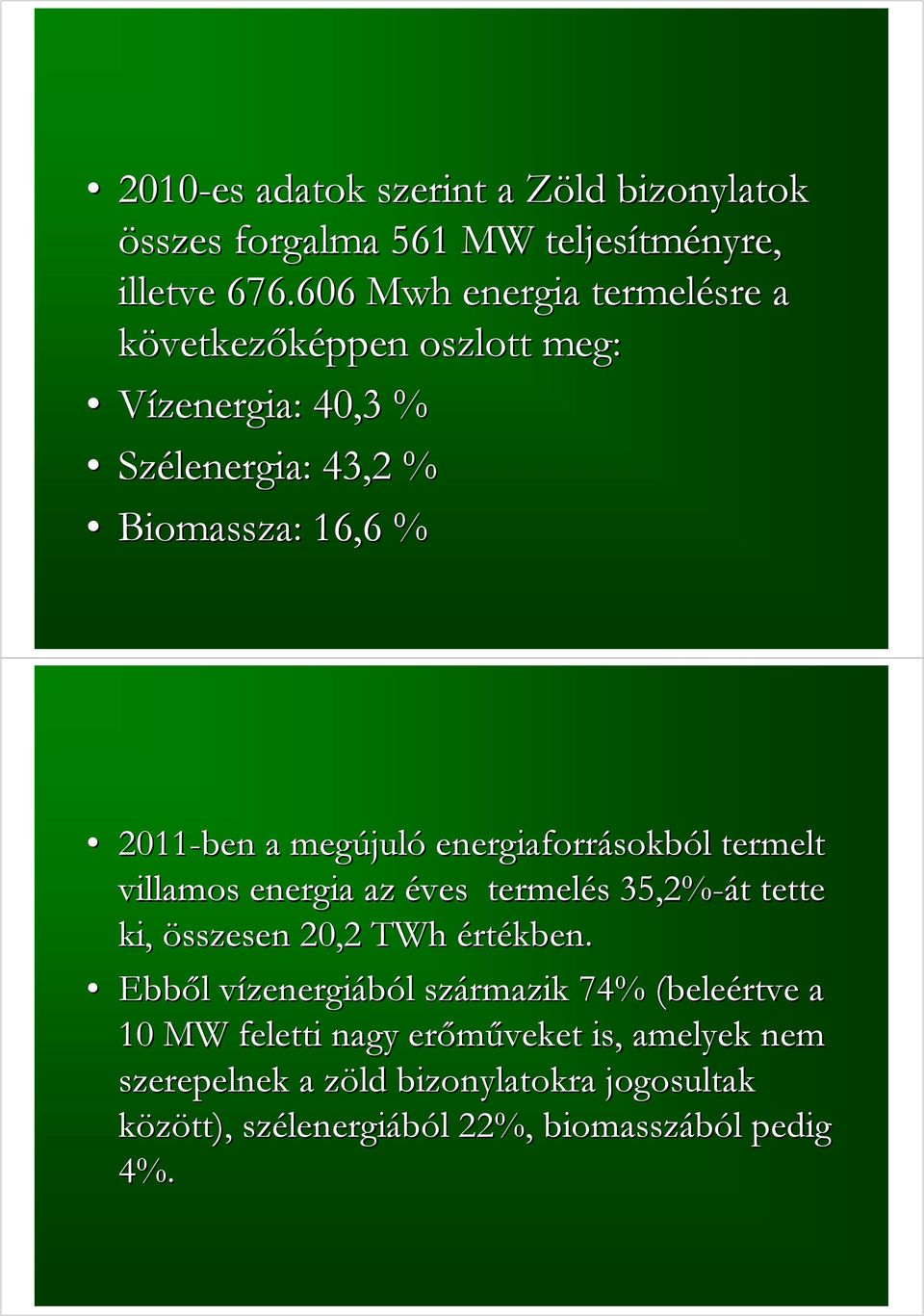 megújuló energiaforrásokból termelt villamos energia az éves termelés 35,2%-át tette ki, összesen 20,2 TWh értékben.