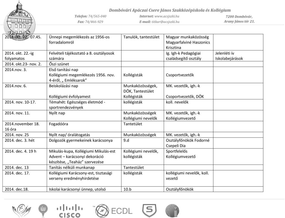 nov. 10-17. Témahét: Egészséges életmód - sportrendezvények 2014. nov. 11. Nyílt nap Munkaközösségek 2014.november 18.