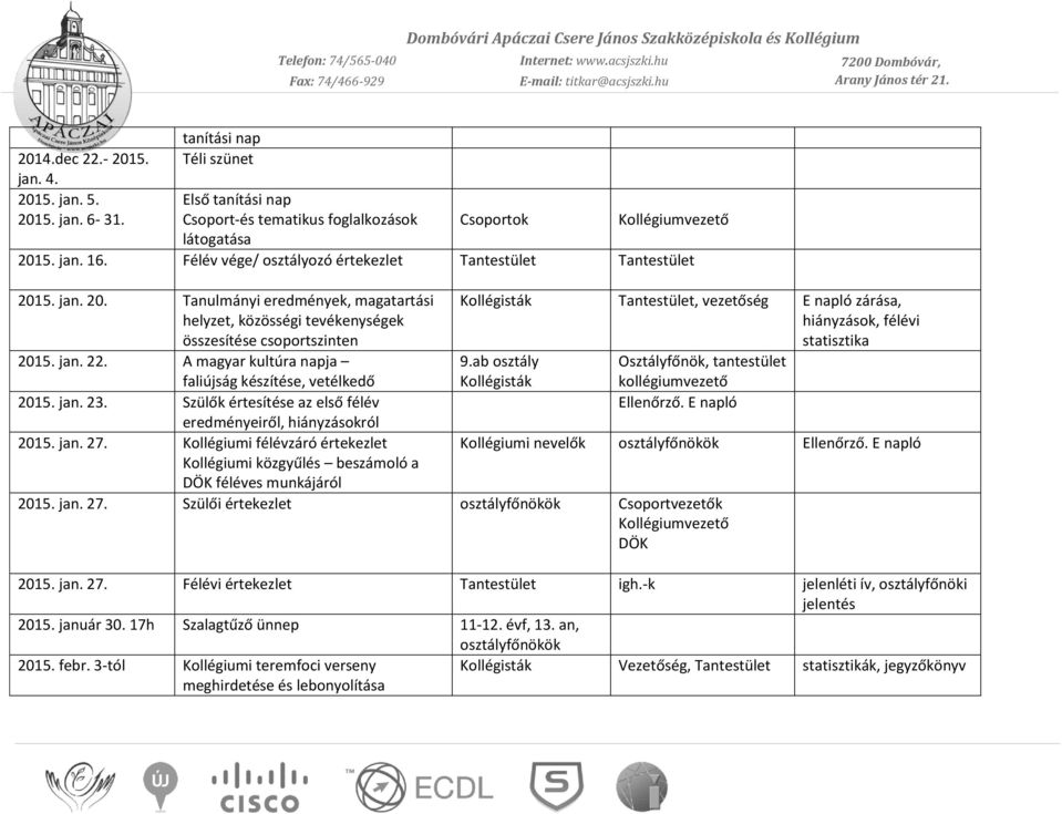 A magyar kultúra napja faliújság készítése, vetélkedő 2015. jan. 23. Szülők értesítése az első félév eredményeiről, hiányzásokról 2015. jan. 27.