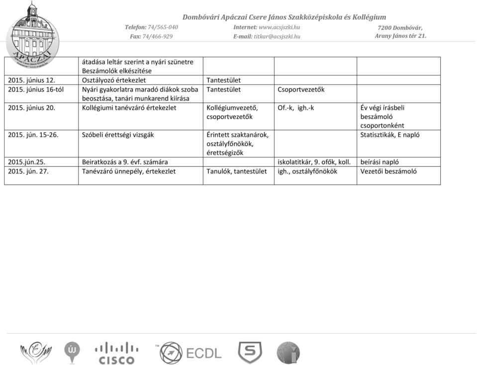 Kollégiumi tanévzáró értekezlet, csoportvezetők 2015. jún. 15-26. Szóbeli érettségi vizsgák Érintett szaktanárok,, érettségizők Csoportvezetők Of.