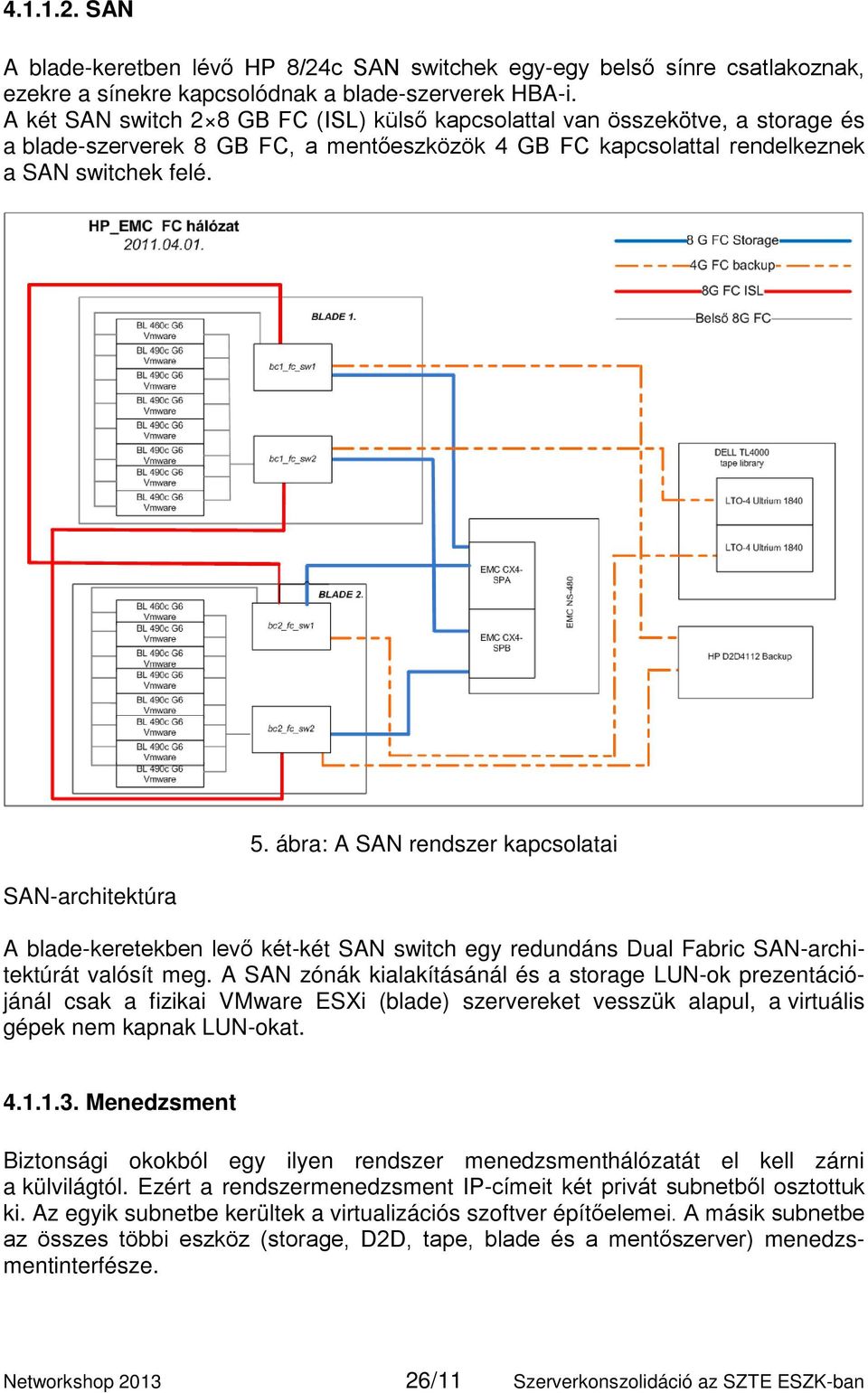 ábra: A SAN rendszer kapcsolatai A blade-keretekben levő két-két SAN switch egy redundáns Dual Fabric SAN-architektúrát valósít meg.