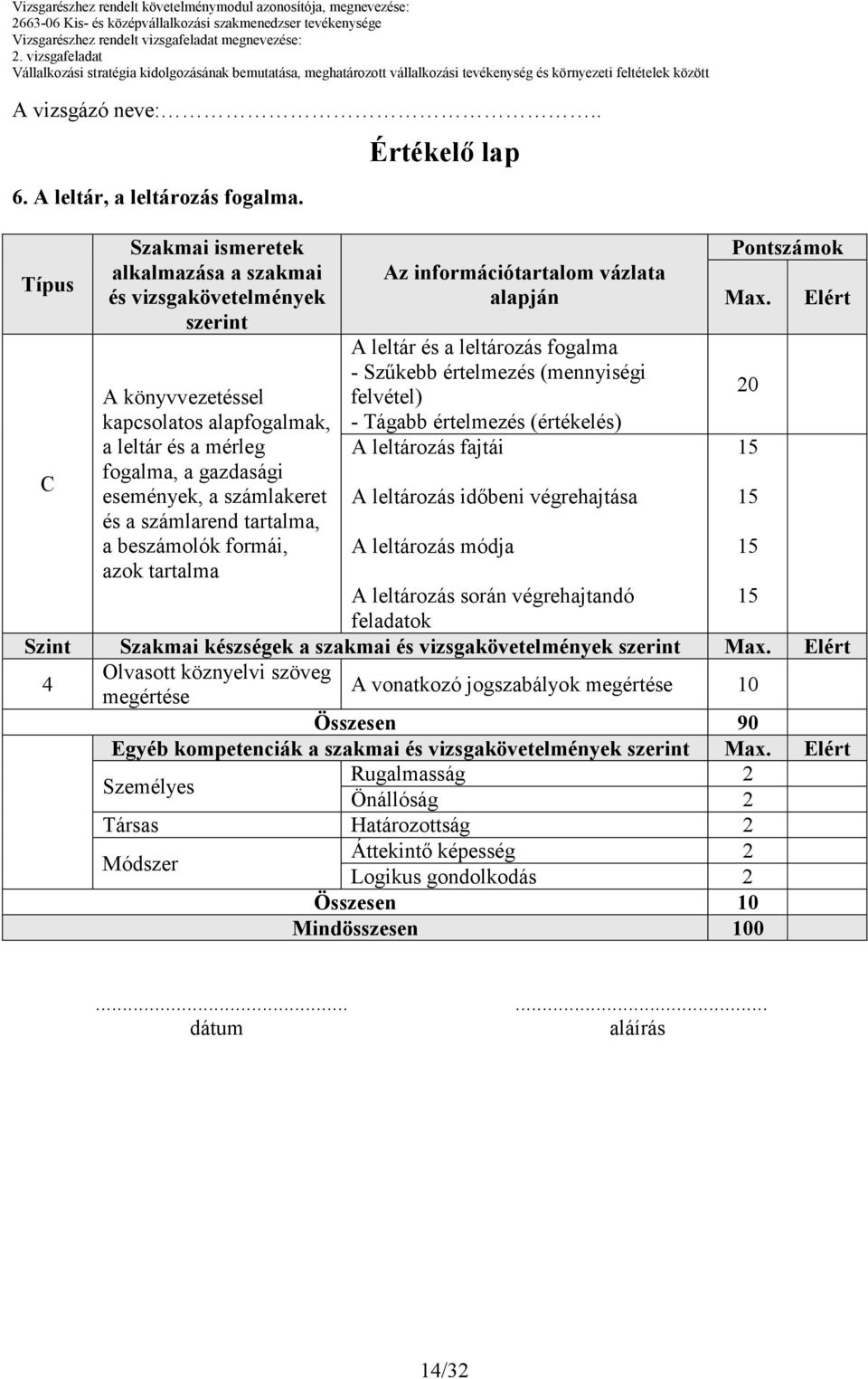 számlarend tartalma, a beszámolók formái, azok tartalma Értékelı lap Az információtartalom vázlata alapján A leltár és a leltározás fogalma - Szőkebb értelmezés (mennyiségi felvétel) - Tágabb