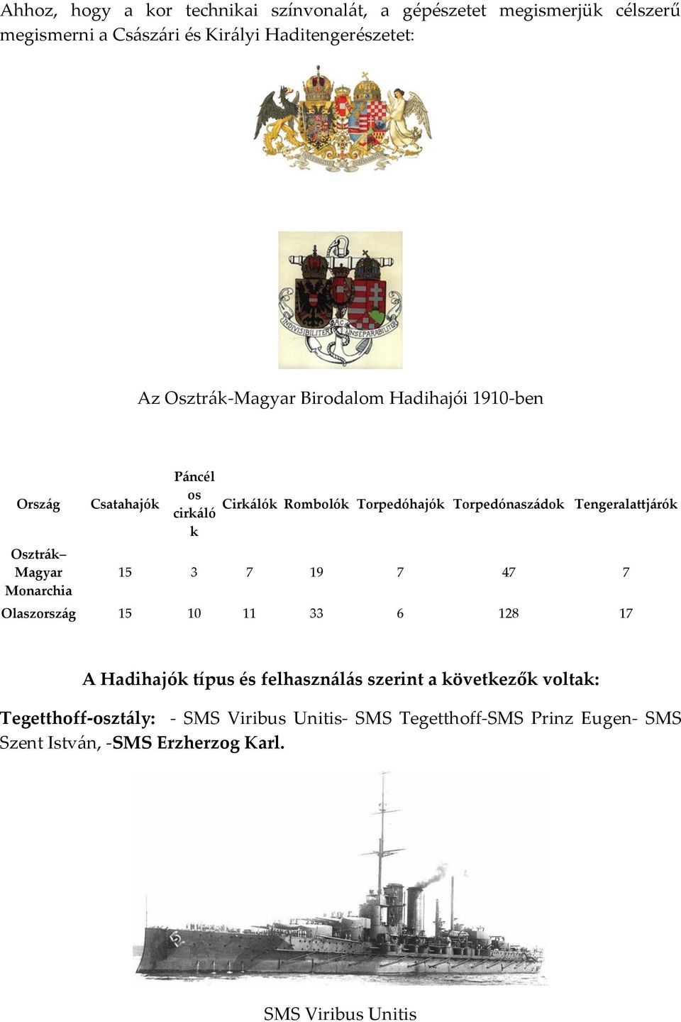 Torpedónasz{dok Tengeralattj{rók cirk{ló k 15 3 7 19 7 47 7 Olaszorsz{g 15 10 11 33 6 128 17 A Hadihajók típus és felhaszn{l{s szerint a
