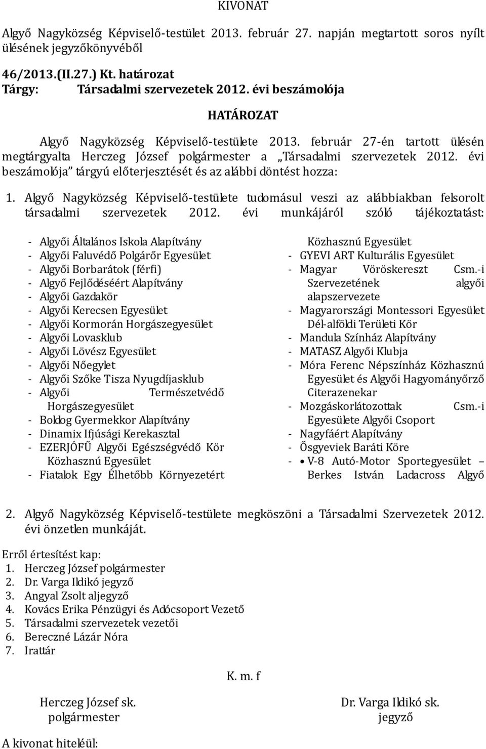 Algyő Nagyközség Képviselő-testülete tudomásul veszi az alábbiakban felsorolt társadalmi szervezetek 2012.